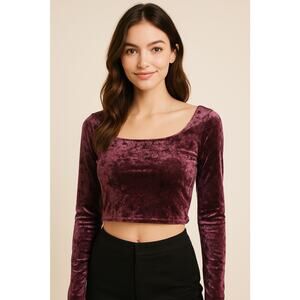 NWT NORDSTROM abound sz S purple shiny velour crushed velv long sleeve crop top